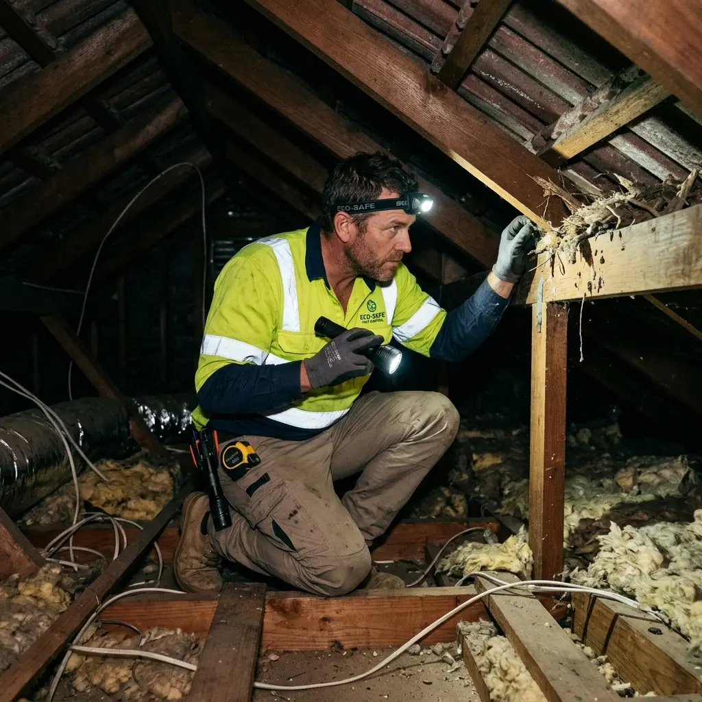 Technician inspecting a Breamlea subfloor void for a deceased cat